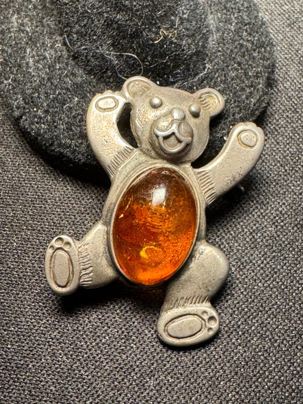 Vintage 925 Tested Silver Amber Teddy Bear Brooch 1.5in